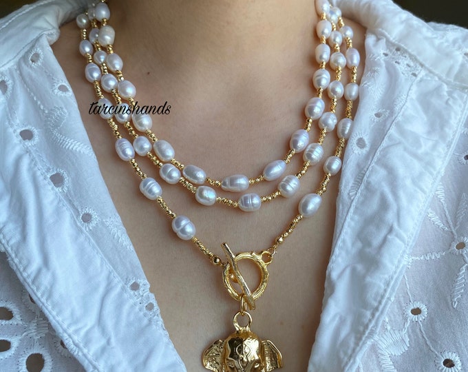 Multistrand Pearl Gold Toggle Necklace with Elephant Pendant , Layered Freshwater Pearl Necklace , Multilayer Statement Pearl Necklace