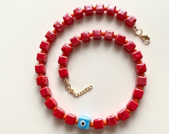 Cube ceramic evil eye necklace , ceramic beaded necklace , red beaded necklace , chunky bead peotect necklace , summer necklace