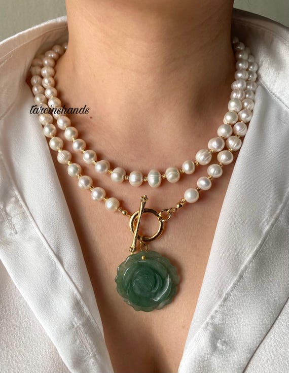 Freshwater Pearl Multistrand Necklace: Rose Aventurine Gold Toggle