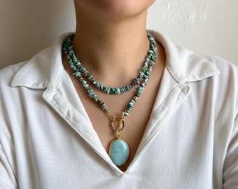 Turquoise Long Necklace, 37 Inch Wrap Beads, Gold Plated Convertible Jewelry, December Birthstone Gift, Double Strand Gemstone Sautoir