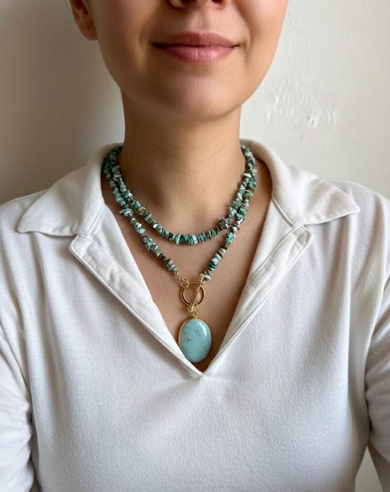 Turquoise Long Necklace, 37 Inch Wrap Beads, Gold Plated Convertible Jewelry, December Birthstone Gift, Double Strand Gemstone Sautoir