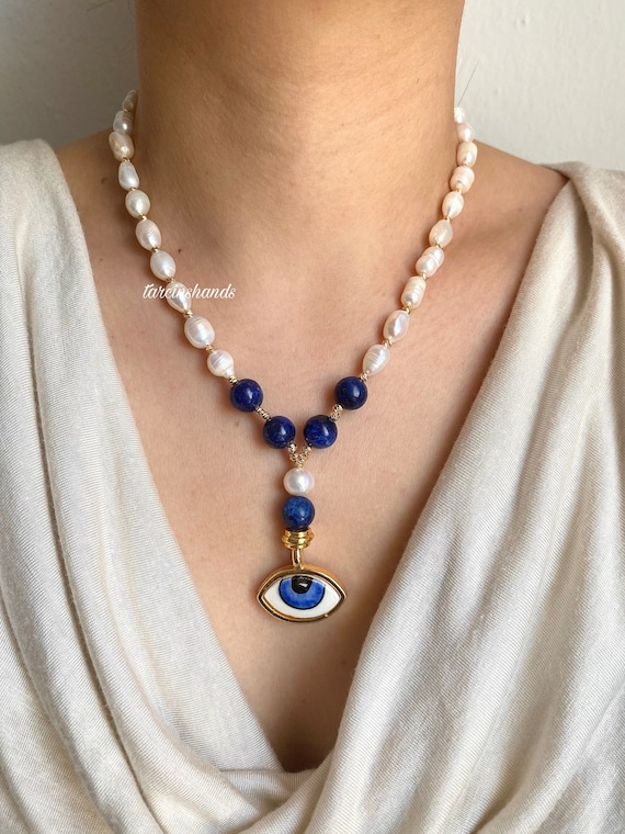 Lapis Lazuli Pearl Necklace with Ceramic Eye Pendant