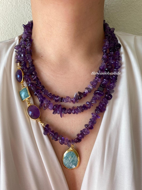 Amethyst Amazonite Convertible Necklace, Handmade 2 in 1 Layering Set, Purple Green Gemstone Jewelry, Christmas Gift for Mom