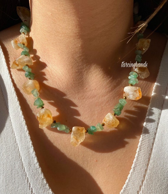 Raw Citrine Aventurine Necklace: Gold Plated Boho Gemstone