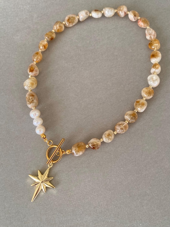 Citrine Beaded Necklace, Gold Plated North Star Pendant, Pearl Accent
