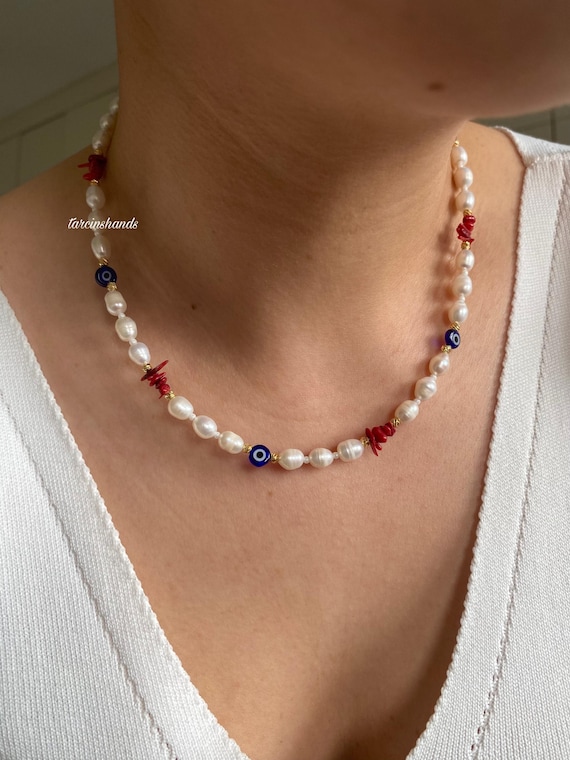 Freshwater Pearl Necklace: Red Coral, Evil Eye Bead, Gold Filled Chain