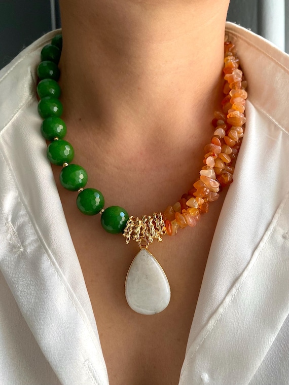 Orange Botswana Agate Necklace: Moonstone Pendant, Chunky Boho Jewelry Gift For