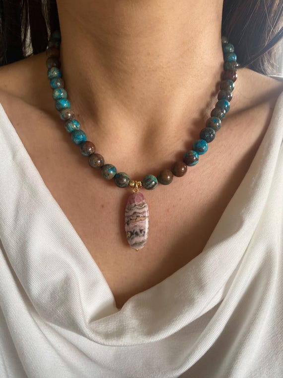 Chrysocolla Short Necklace Rhodochrosite Pendant Gold Filled,Natural Blue Gemstone Beaded Choker
