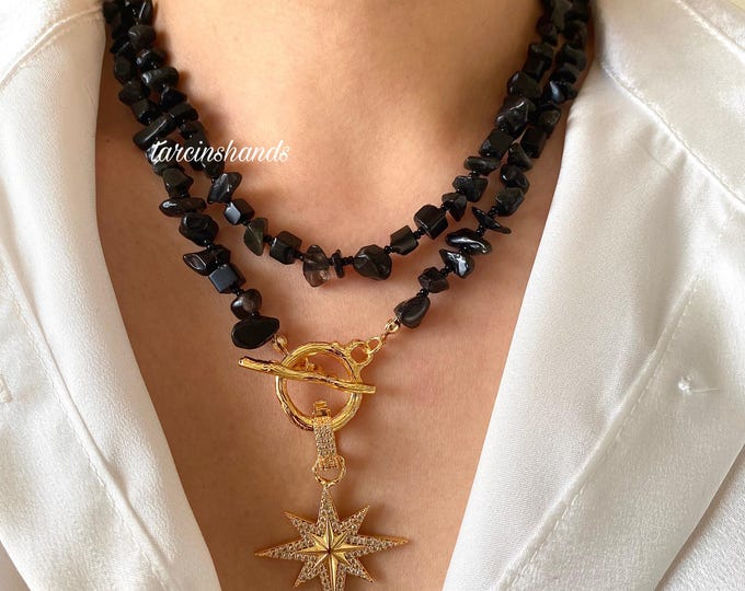 Onyx Necklace , Beaded Onyx Gold Toggle Necklace with North Star Pendant, Black Gemstone Necklace , Multistrand Onyx Necklace For Women