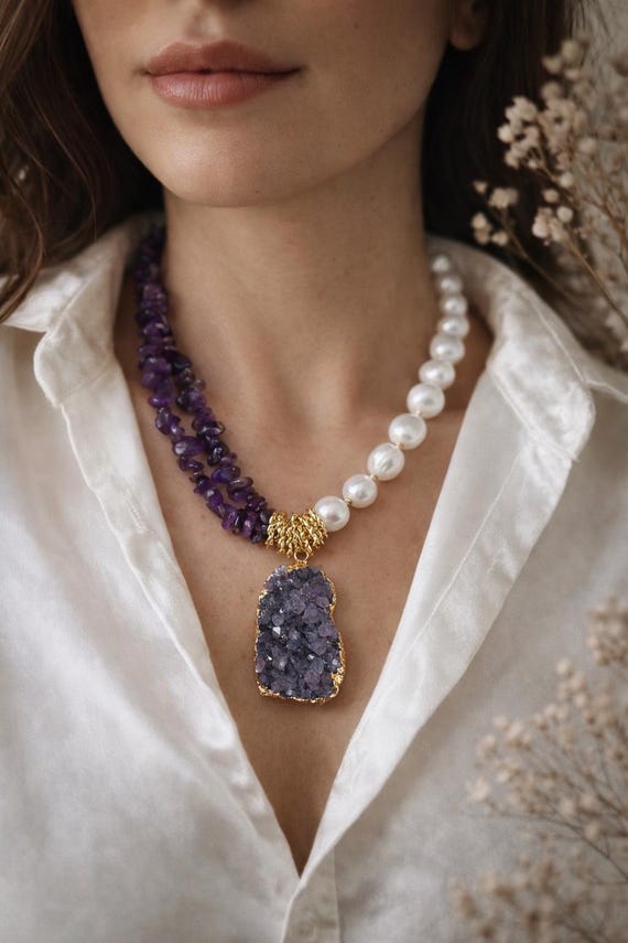Raw Amethyst Baroque Pearl Necklace, Gold Plated, Boho Statement Jewelry