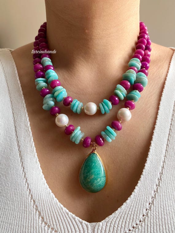 Handmade Amazonite and Pink Agate Multistrand Necklace: Boho Statement Jewelry Gift For