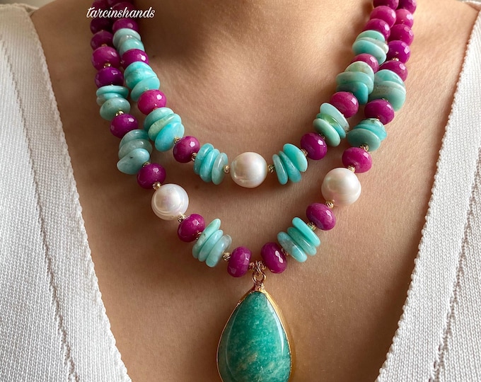 Amazonite and Pink Agate Necklace,Multistrand Colorful Gemstone Necklace,Chunky Boho Statement Layered Necklace,Handmade Gift Jewelry