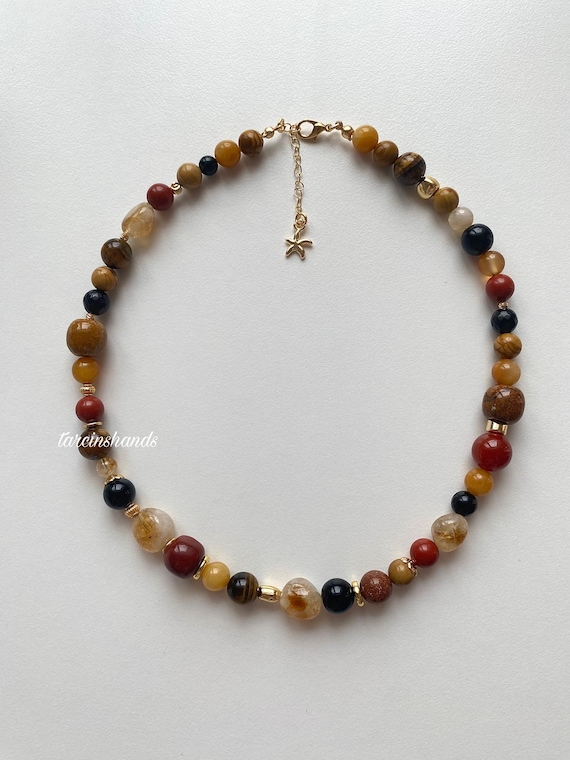 Mixed Gemstone Necklace: Earthy Boho Gold-Plated Necklace