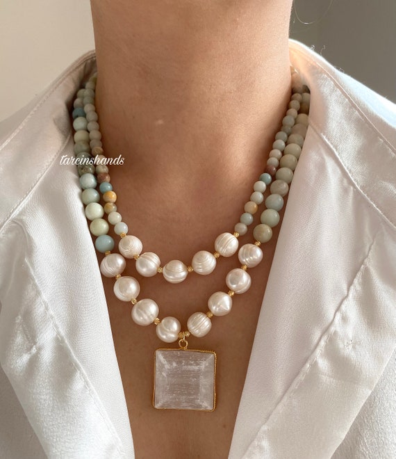 Amazonite Pearl Multistrand Necklace, Handmade Convertible Jewelry, Designer Layering Set, Blue Gemstone 2 in 1 Gift, Summer Boho Style