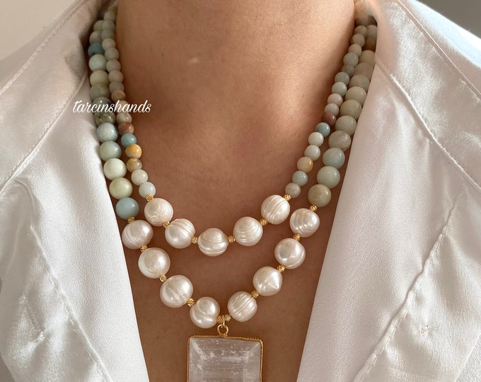 Multistrand Amazonite and Pearl Gold Necklace with Selenite Pendant , Natural Amazonite Statement Necklace , Gift For Women Birthday