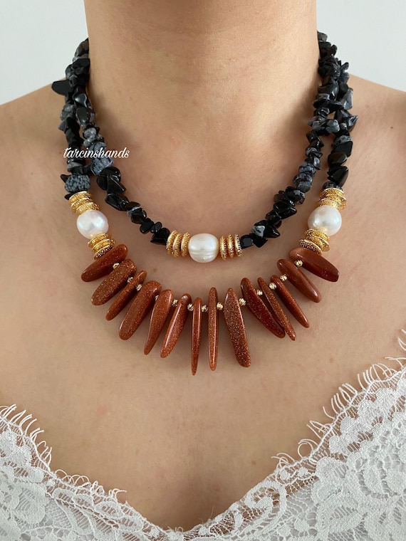 Handmade Sandstone, Snowflake Obsidian and Pearl Multistrand Necklace Gift For