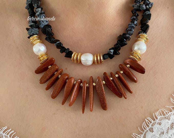Sandstone Snowflake Obsidian and Natural Pearl Necklace,Multistrand Boho Multistone Necklace,Summer Gemstone Necklace For Women