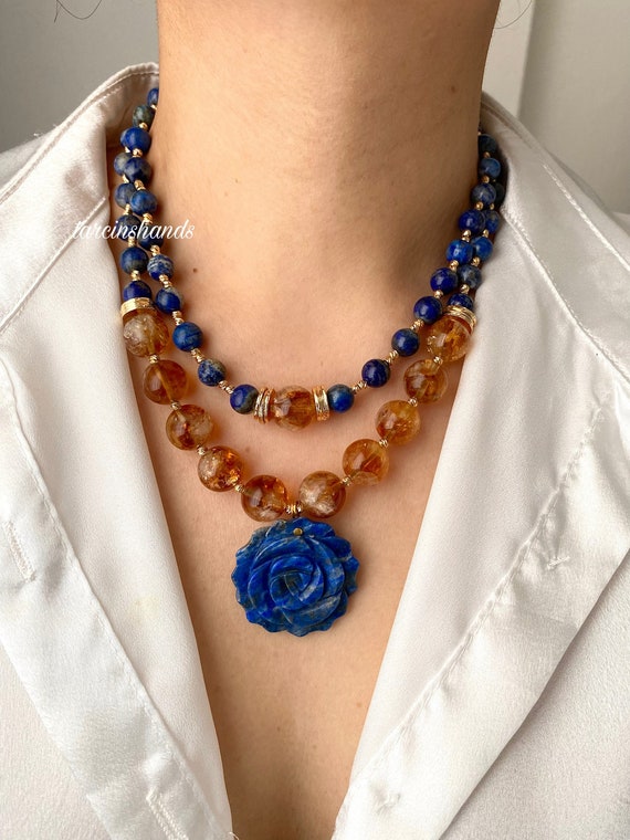 Lapis Lazuli Citrine Necklace: Gold-Plated Rose Pendant