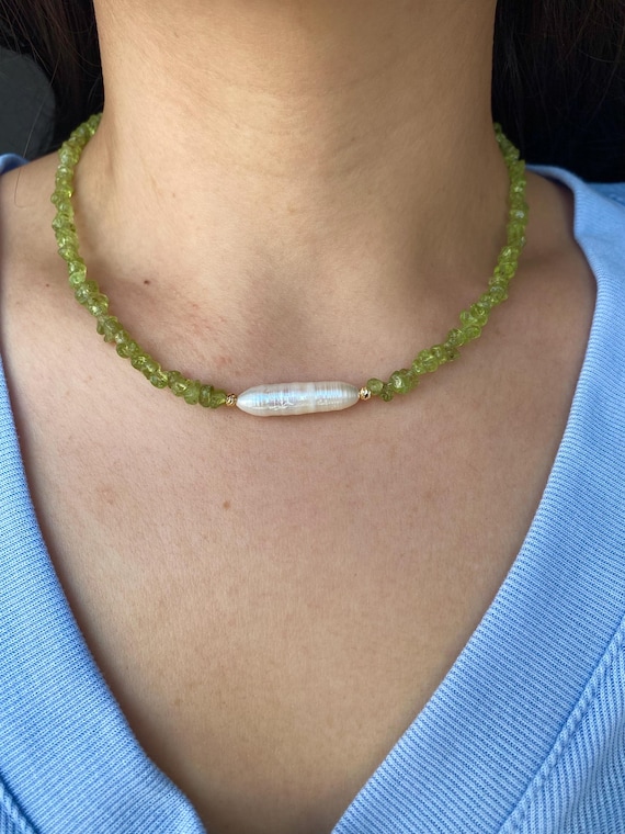 Dainty Peridot & Stick Pearl Necklace: Gold-Plated Minimalist Jewelry