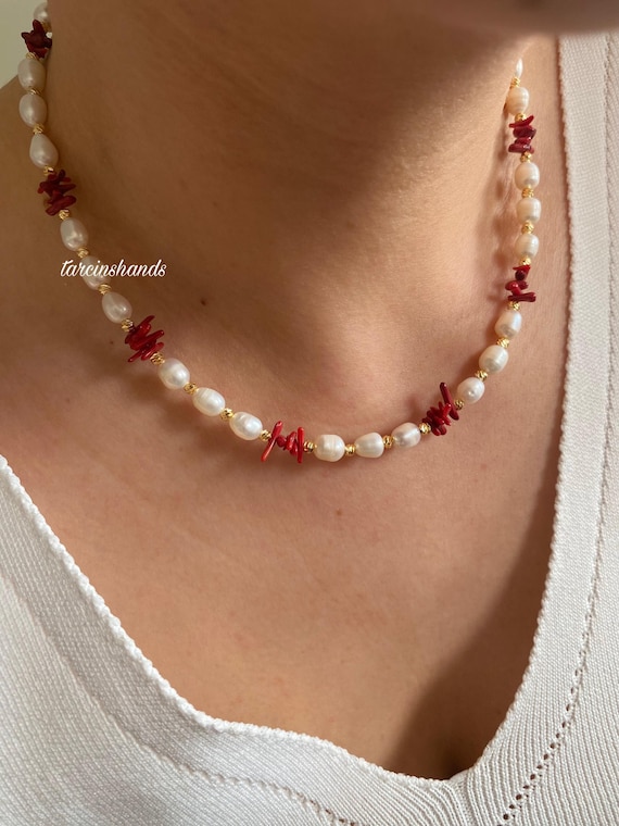 Red Coral and Freshwater Pearl Gold-Plated Necklace - Handmade