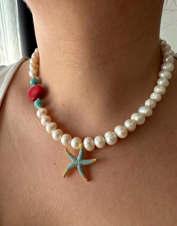 Natural Pearl Necklace Starfish Pendant,Turquoise Red Coral Real Pearl,Boho Summer Necklace,Beach Jewelry,Gift For Women,Handmade Jewelry