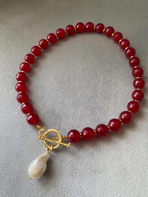 Red Agate Baroque Pearl Toggle Necklace, Gold Plated Boho Statement Jewelry
