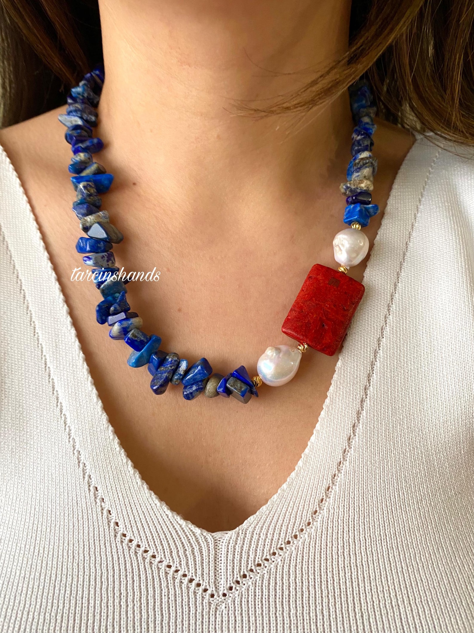 Lapis Lazuli, Baroque Pearl & Red Coral Goldplated Necklace Etsy