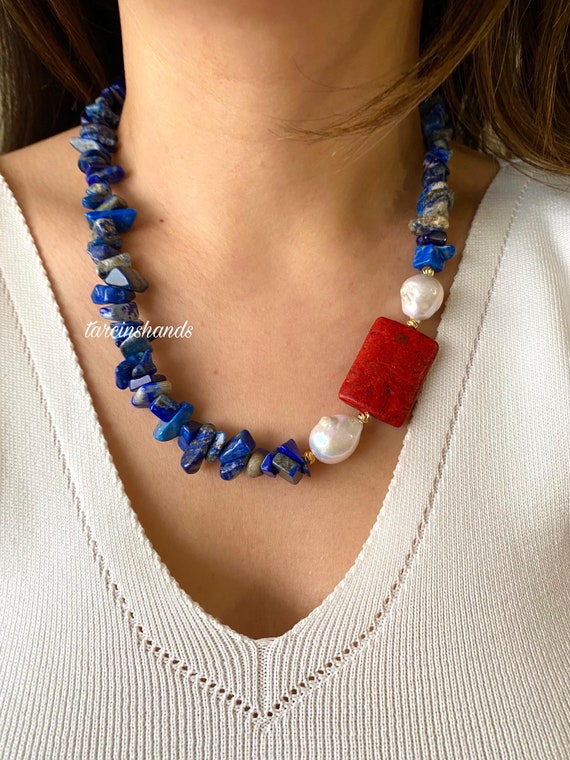Lapis Lazuli, Baroque Pearl & Red Coral Gold-Plated Necklace