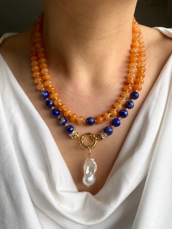 Lapis Lazuli Orange Agate Multistrand Gold Plated Necklace Baroque Pearl Pendant,Unique Gemstone Jewelry