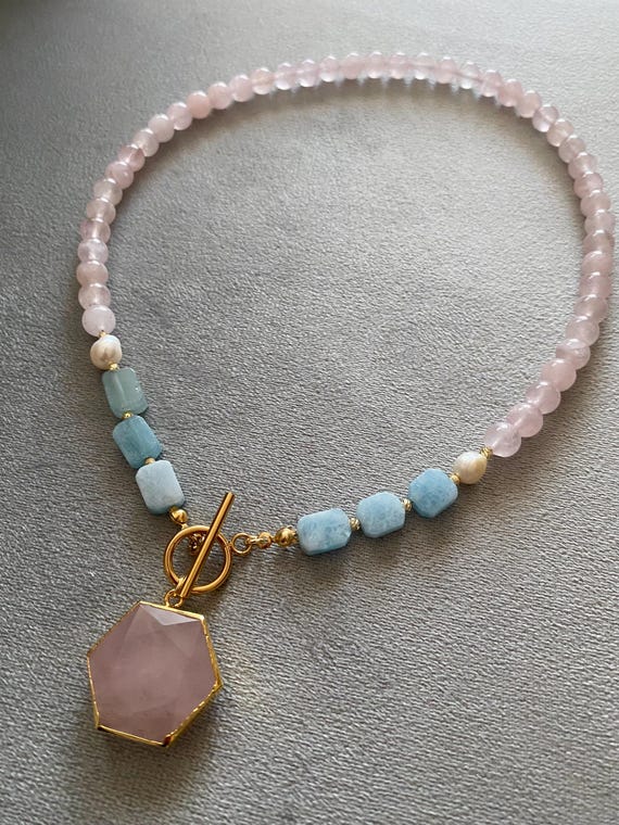 Rose Quartz Aquamarine Necklace, Gold Plated Toggle Clasp, Boho Chic