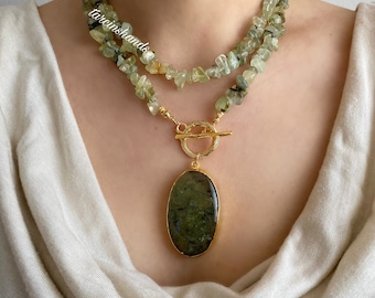 Green Prehnite Gold-Filled T-Bar Toggle Two-Layered Necklace - Chunky Boho Statement Jewelry Gift İdeas For Her Anniversary Gifted