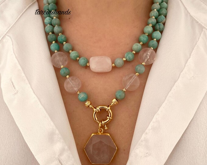 Amazonite and Pink Quartz Multistrand Gold Necklace, Multistrand Amazonite Beaded Necklace with Pink Quartz, Blue Semi Precious Stone