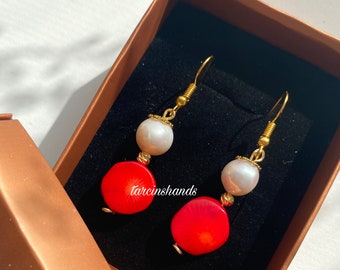 Natural Coral and Baroque Pearl Gold Earrings , Red Coral Earrings , Pearl and Coral Earring , Chunky Red Gemstone Earrings with Real Pearl