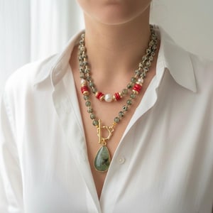 Prehnite Dalmatian Jasper Necklace, Red Coral & Pearl Layered Set, Gold Plated Toggle Clasp Statement Jewelry, Bohemian Chic Multistrand