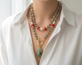 Prehnite Pendant Necklace, Dalmatian Jasper, Red Coral, Pearl, Gold Plated Toggle