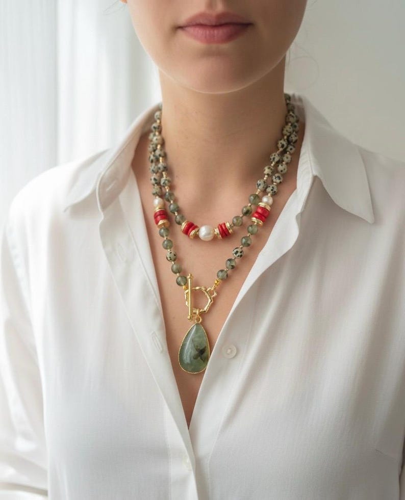 Prehnite Dalmatian Jasper Necklace, Red Coral & Pearl Layered Set, Gold Plated Toggle Clasp Statement Jewelry, Bohemian Chic Multistrand