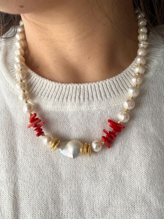 Real Pearl Red Coral Necklace, Gold Plated Timeless Jewelry for Women, Versatile Day-to-Evening Use