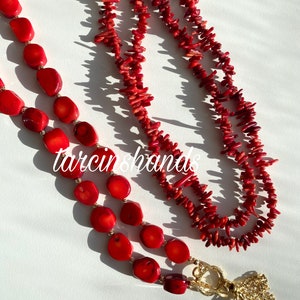 Multistrand Red Coral Necklace with Gold Plated Coral Pendant Bohemian Style image 7