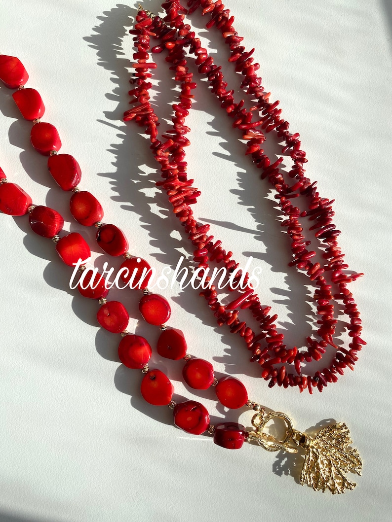 Multistrand Red Coral Necklace with Gold Plated Coral Pendant Bohemian Style image 7