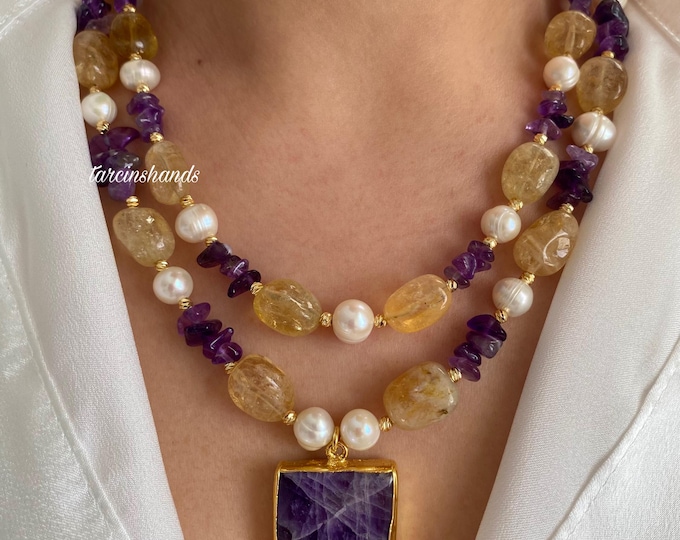 Multistrand Amethyst Citrine and Natural Pearl Necklace,Natural Citrine Amethyst Chunky Necklace,Double Strand Gemstone Necklace