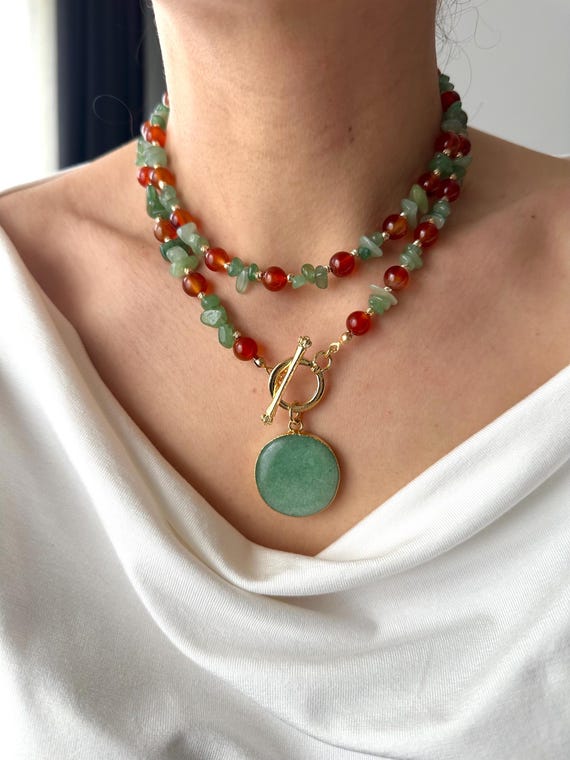 Aventurine Orange Agate Gold Filled Necklace Toggle,Beaded Gemstone Long Necklace,Gift For Women