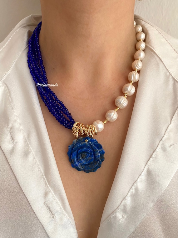 Lapis Lazuli Rose Necklace: Pearl & Crystal Multistrand, Gold-Plated