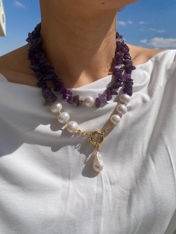 Amethyst Freshwater Pearl Multistrand Necklace, Gold Plated Baroque Pendant