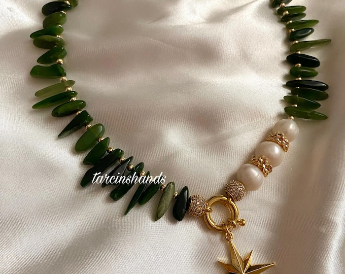 Jade and Pearl Gold Filled Necklace with North Star Pendant,Green Semi Precious Stone Celestial Necklace,Statement Gemstone Pearl Necklace