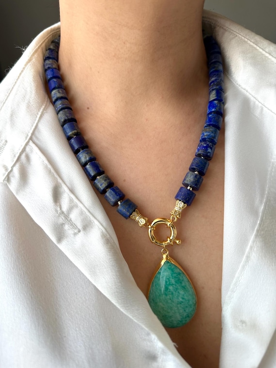 Lapis Lazuli Amazonite Necklace: Gold-Plated Boho Chic Gemstone
