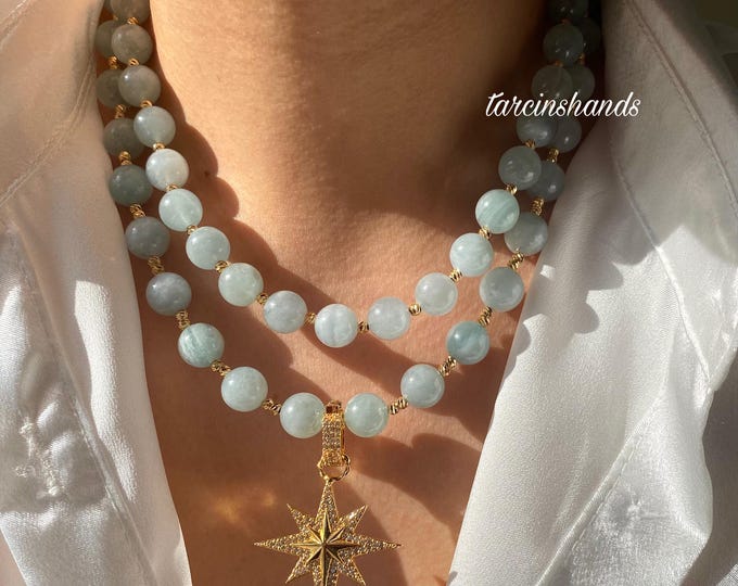 Multistrand Aquamarine Gold Necklace,Beaded Aquamarine Necklace,Blue Semi Precious Stone Necklace,Statement Multilayer Gemstone Necklace