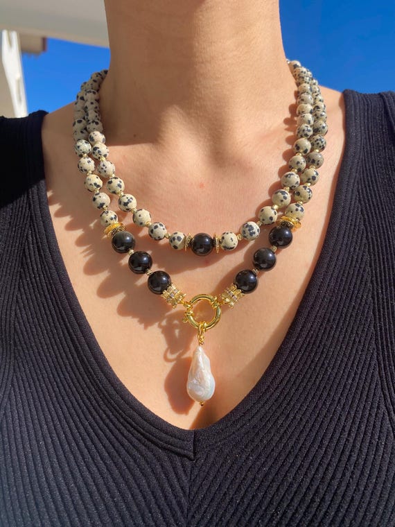 Dalmatian Jasper Obsidian Baroque Pearl Necklace, Gold Plated Statement Jewelry