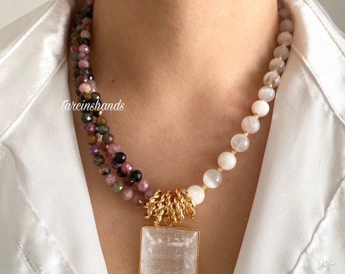 Multistrand Tourmaline and Selenite Gold Necklace , Multistone Statement Necklace , Chunky Gemstone Necklace , Gift For Women Birthday