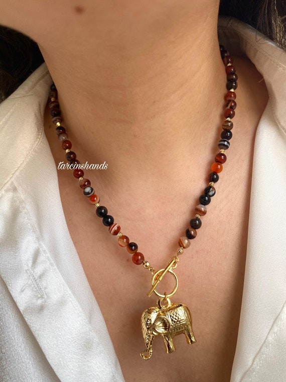 Agate Bead Necklace, Gold Elephant Pendant, Good Luck Charm Jewelry, Earthy Gemstone Choker, Boho Toggle Necklace, Animal Lover Gift