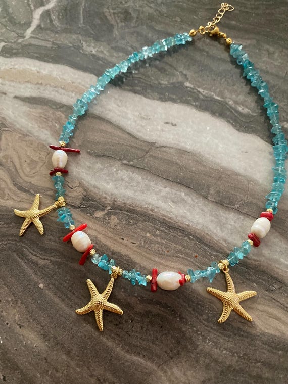 Apatite Red Coral Sea Star Necklace,Gold Filled Natural Gemstone and Freshwater Pearl Jewelry